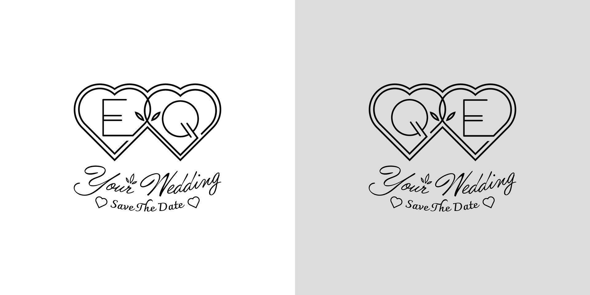 Letters EQ and QE Wedding Love Logo, for couples with E and Q initials vector