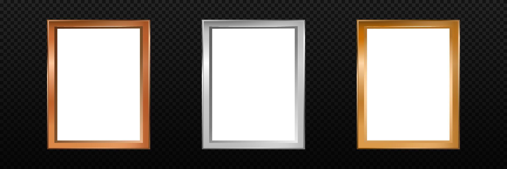 3d metallic photo frame. Golden bronze and steel picture frame vector