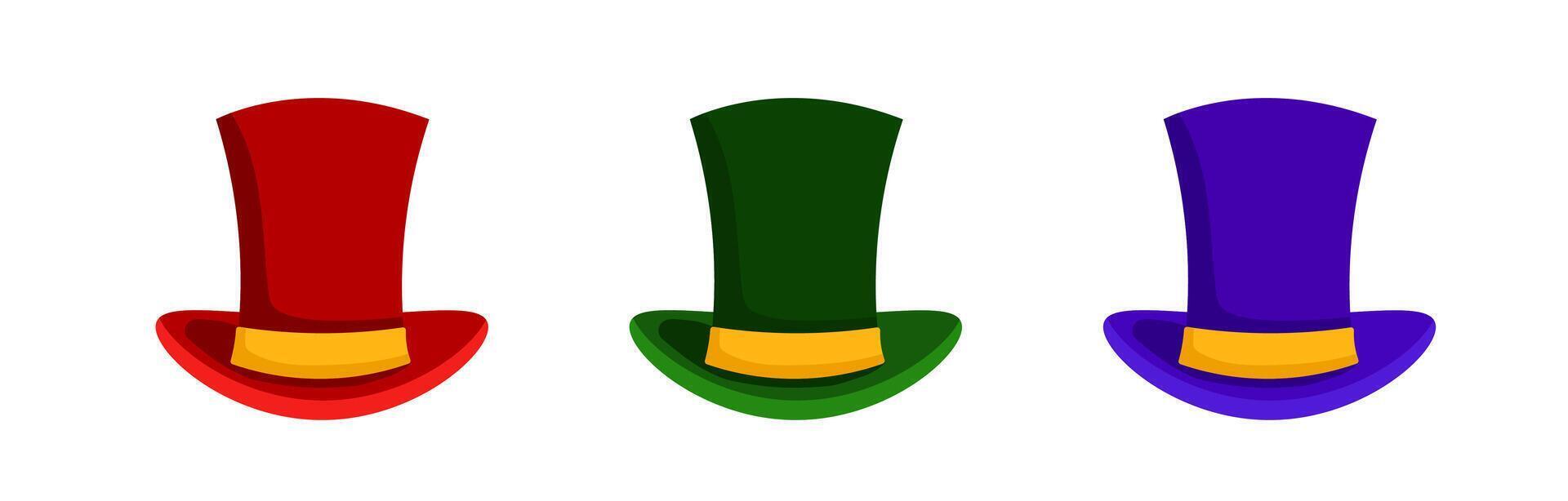 Colored caps cylinders set. Classic red gentlemans headdress vector