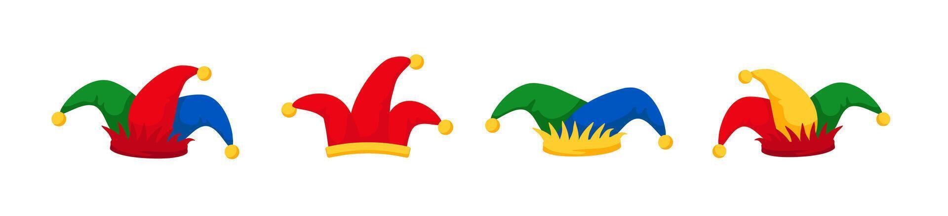 Jester carnival hats set. Carnival colorful harlequin headdress vector