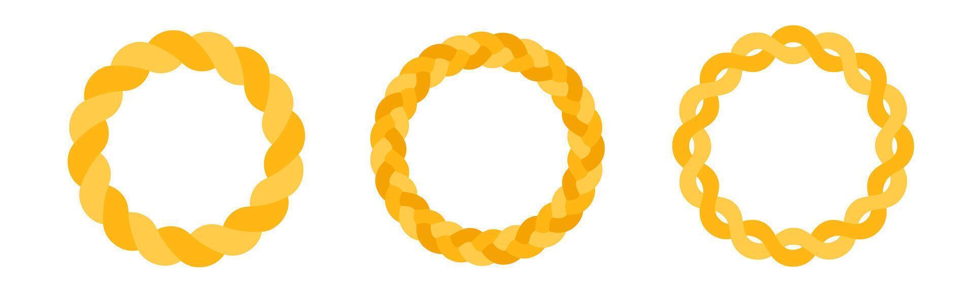 Braid circle golden frame. Round braided ring. Twisted rope vector