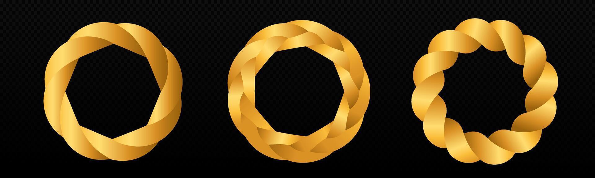 Braid circle golden 3d frame. Round braided ring. Twisted rope vector
