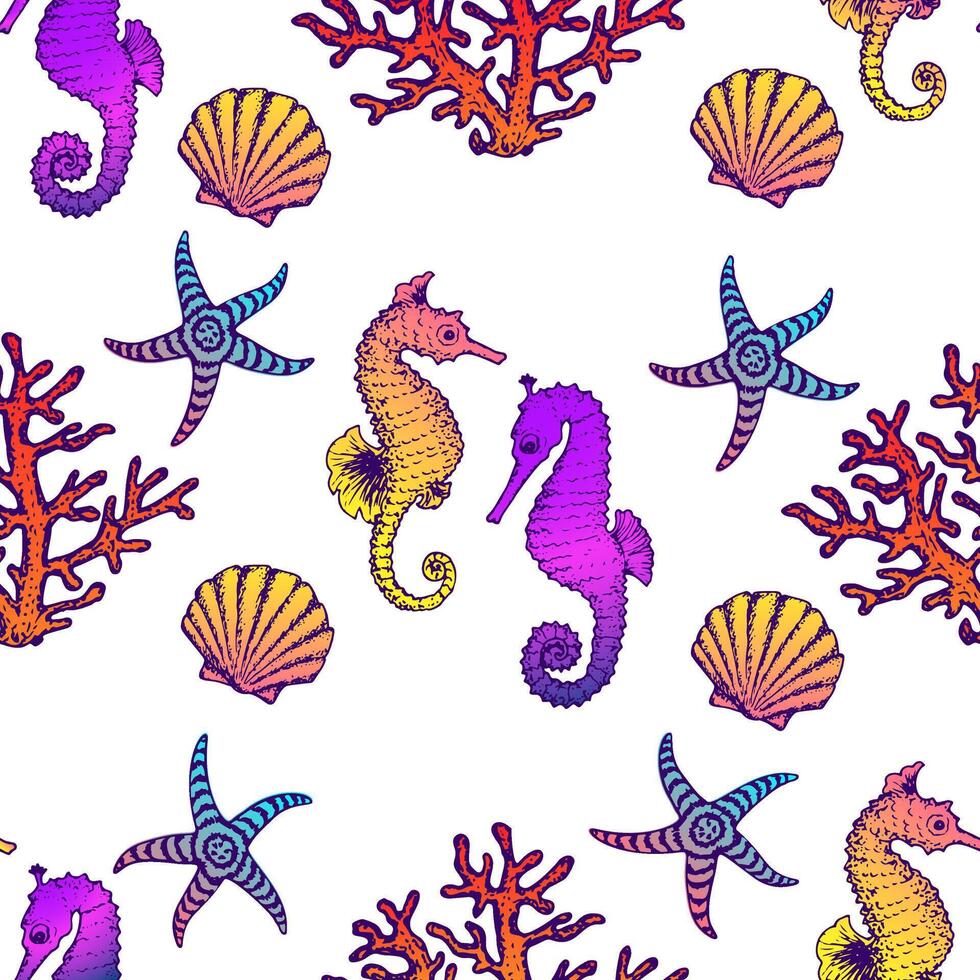 Sea Creatures and Ocean Animals Seamless Pattern. Sea Love Summer Textile and Wrapping Surface Ornament Design Template. Hand Drawn Illustration vector