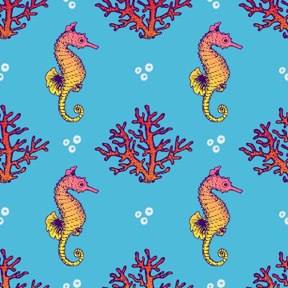 Sea Creatures and Ocean Animals Seamless Pattern. Sea Love Summer Textile and Wrapping Surface Ornament Design Template. Hand Drawn Illustration vector