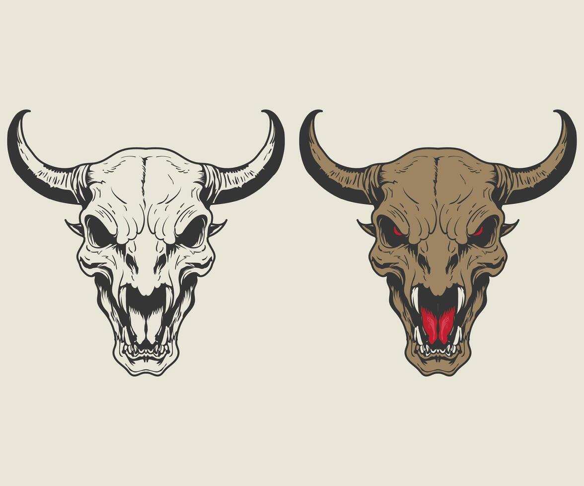 two bull skulls with horns and red eyes vector