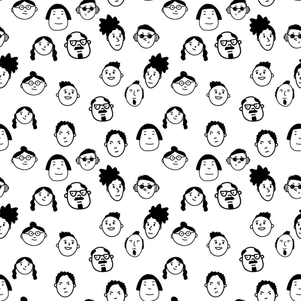 Seamless pattern with funny doodle diverse people faces. Cute simple texture for textile and wallpapers. Fabric and wrapping paper seamless background. illustration vector
