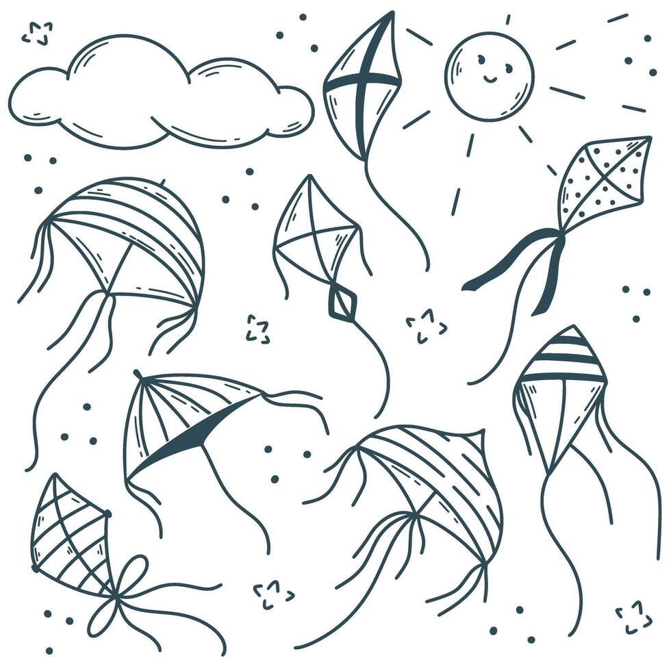 Kite doodle sketch set graphic vector