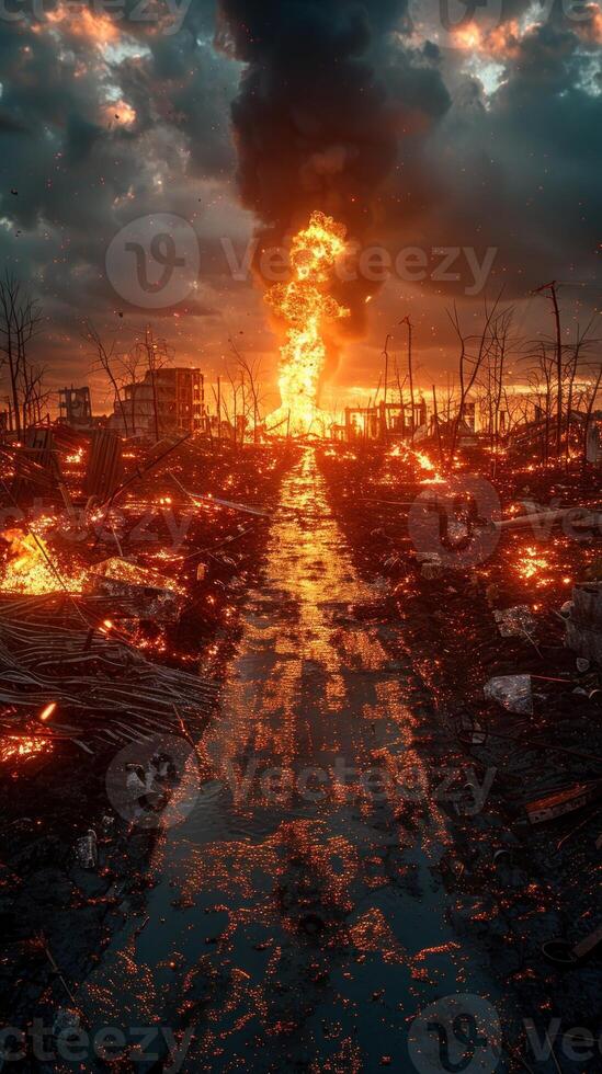 Apocalyptic Blaze. A Fiery Path Amidst Ruins photo