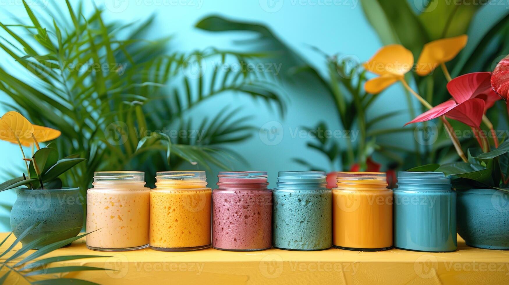 Vibrant Array of Natural Body Scrubs Amidst Lush Greenery photo