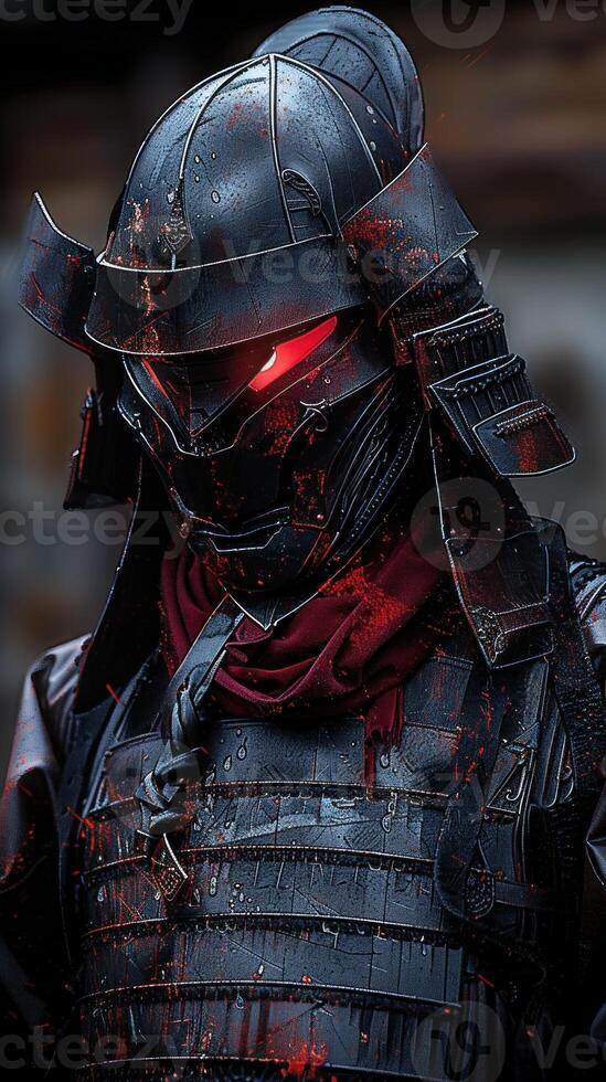 Mysterious Warrior in Dark Armor with Red Glowing Eyes photo