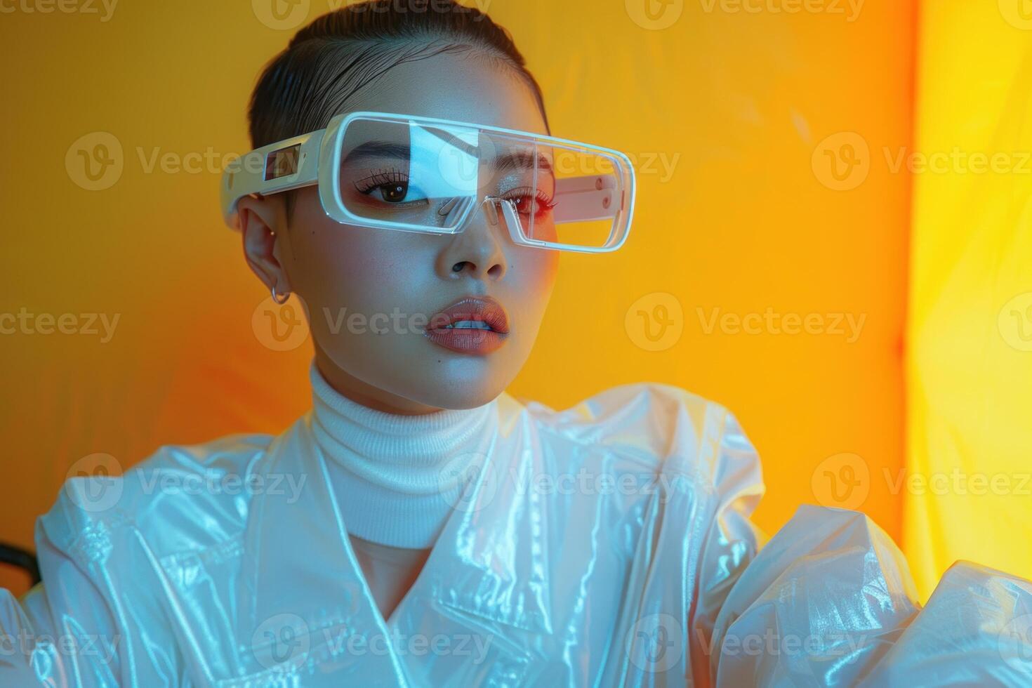 Futuristic Fashion. A Model in Shiny Apparel and Innovative Eyewear photo