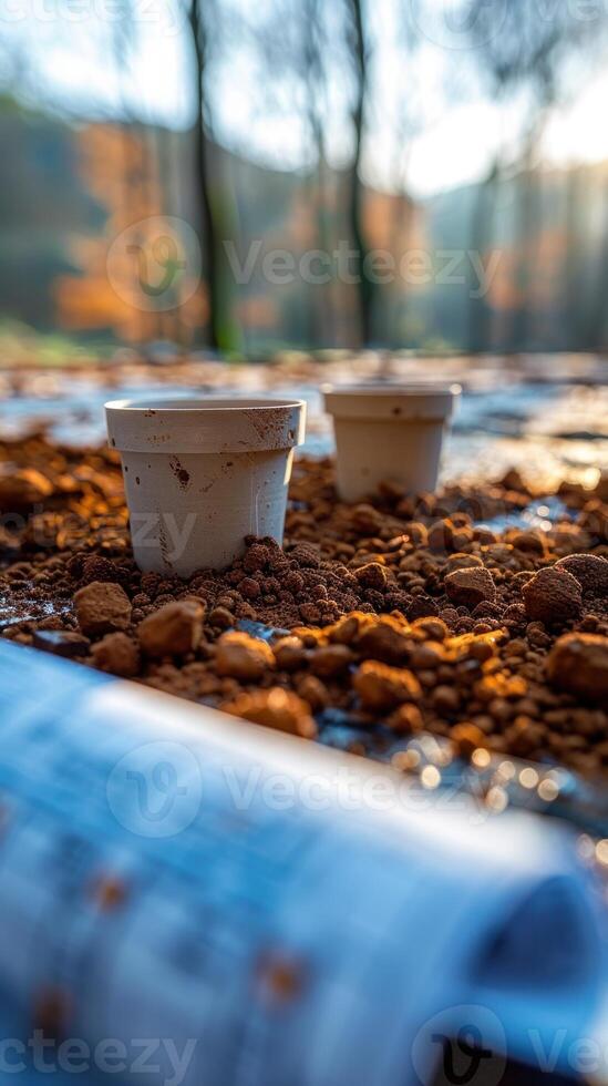 Golden Morning Light on Abandoned Coffee Cups Amidst Autumn Leaves photo