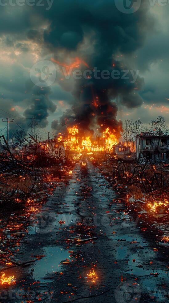 Apocalyptic Aftermath. A Fiery Path Amidst Ruins photo