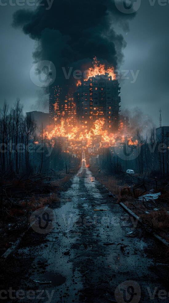 Apocalyptic Blaze. A Building Engulfed in Flames Amidst a Desolate Landscape photo