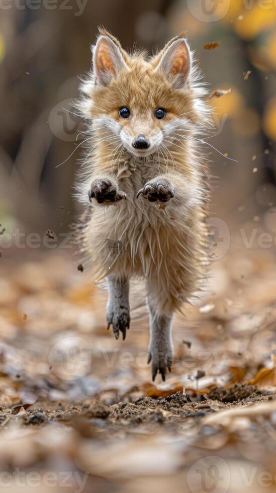Graceful Leap of a Young Fox Amidst Autumn Leaves photo