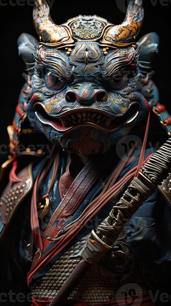 Mystical Warrior. An Intricate Samurai Mask with Horns and Detailed Armor photo
