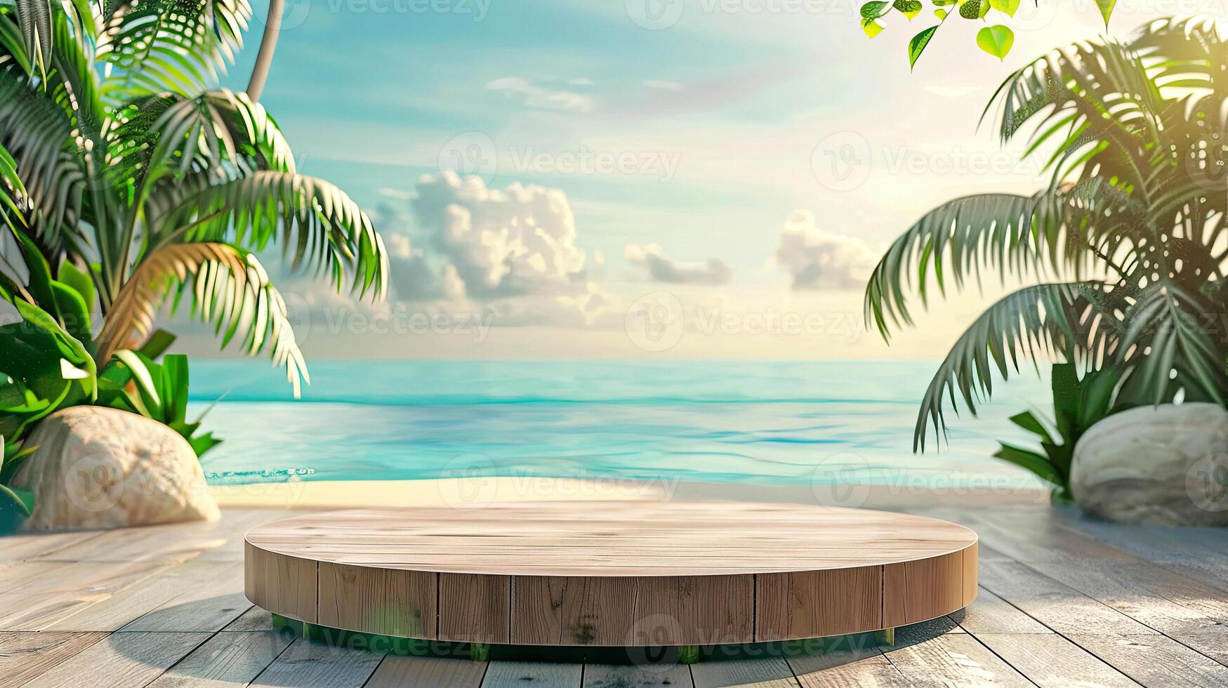 Mockup for a summer product presentation. Round wooden podium with a tropical beach background. illustration. photo