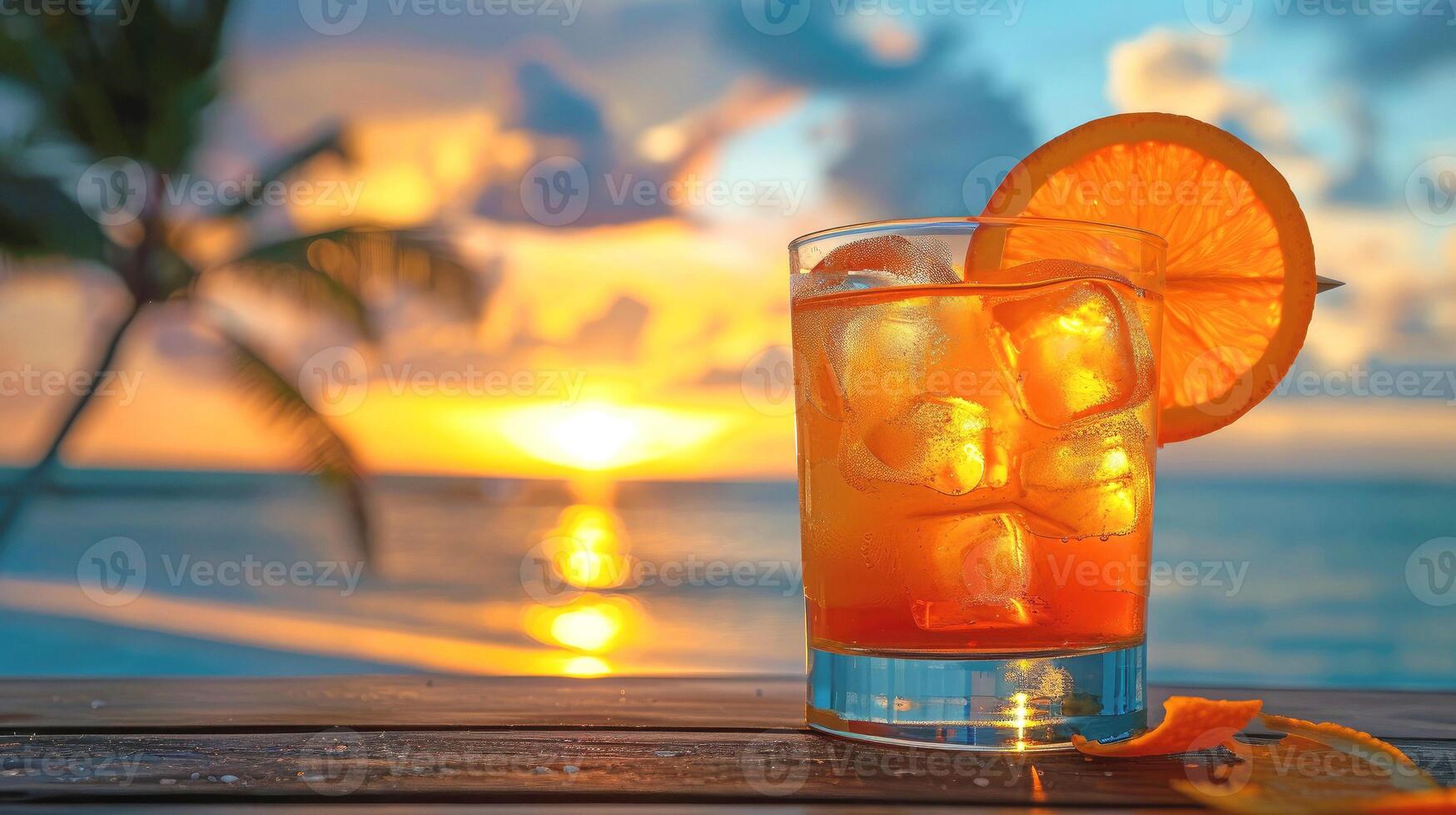 Vibrant summer vibe background. Orange cocktail with exotic fruit garnish on a beautiful sunny sunset beach scene. photo