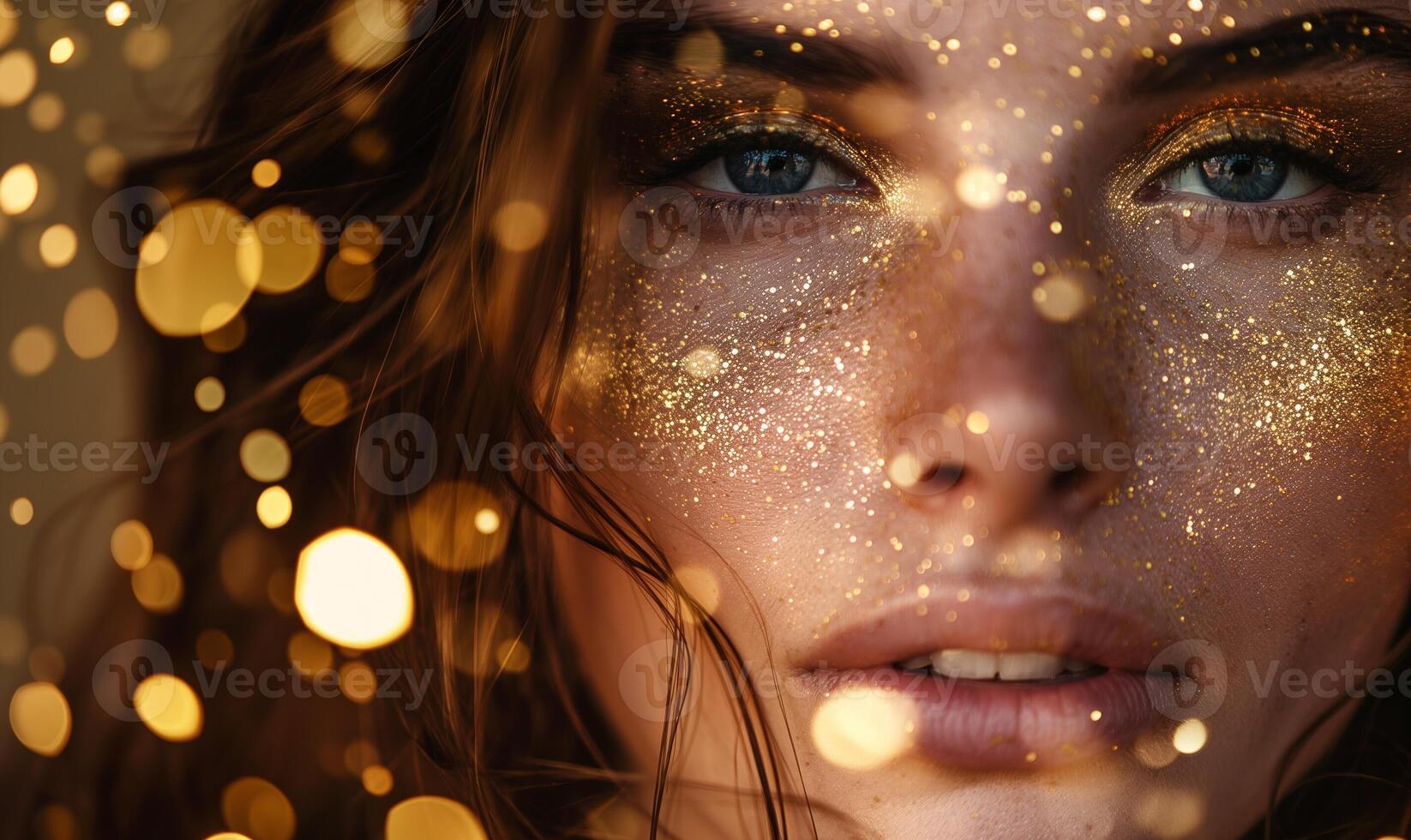 Luxury golden face of model, A Beautiful woman with sexy face make up., skincare and wellness. Close up, white background. Close up model face staring. Sexy model posing close up. photo