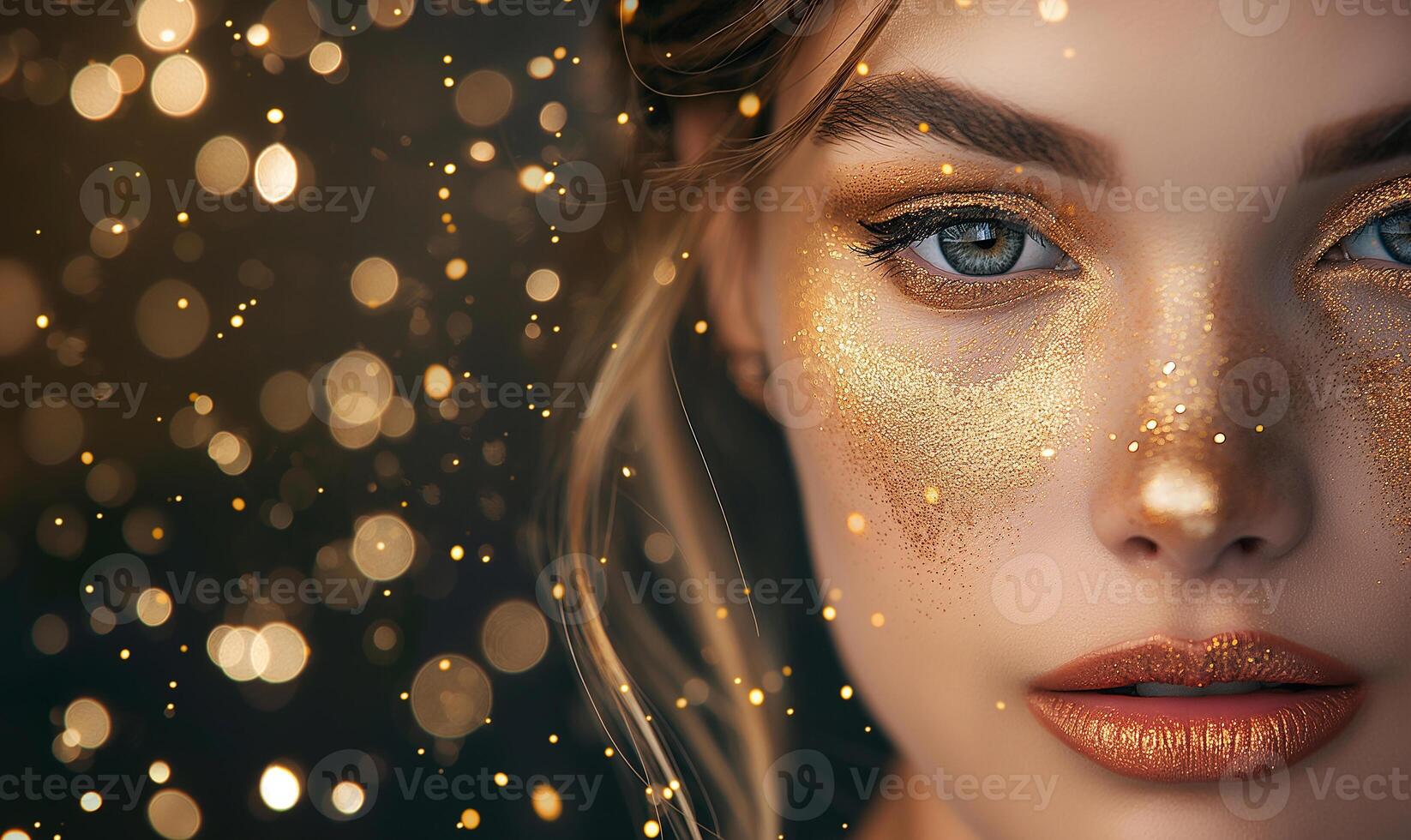 A luxury golden face of model, A Beautiful woman with sexy face make up., skincare and wellness. Close up, white background. Close up model face staring. Sexy model posing close up, lokking at camera photo