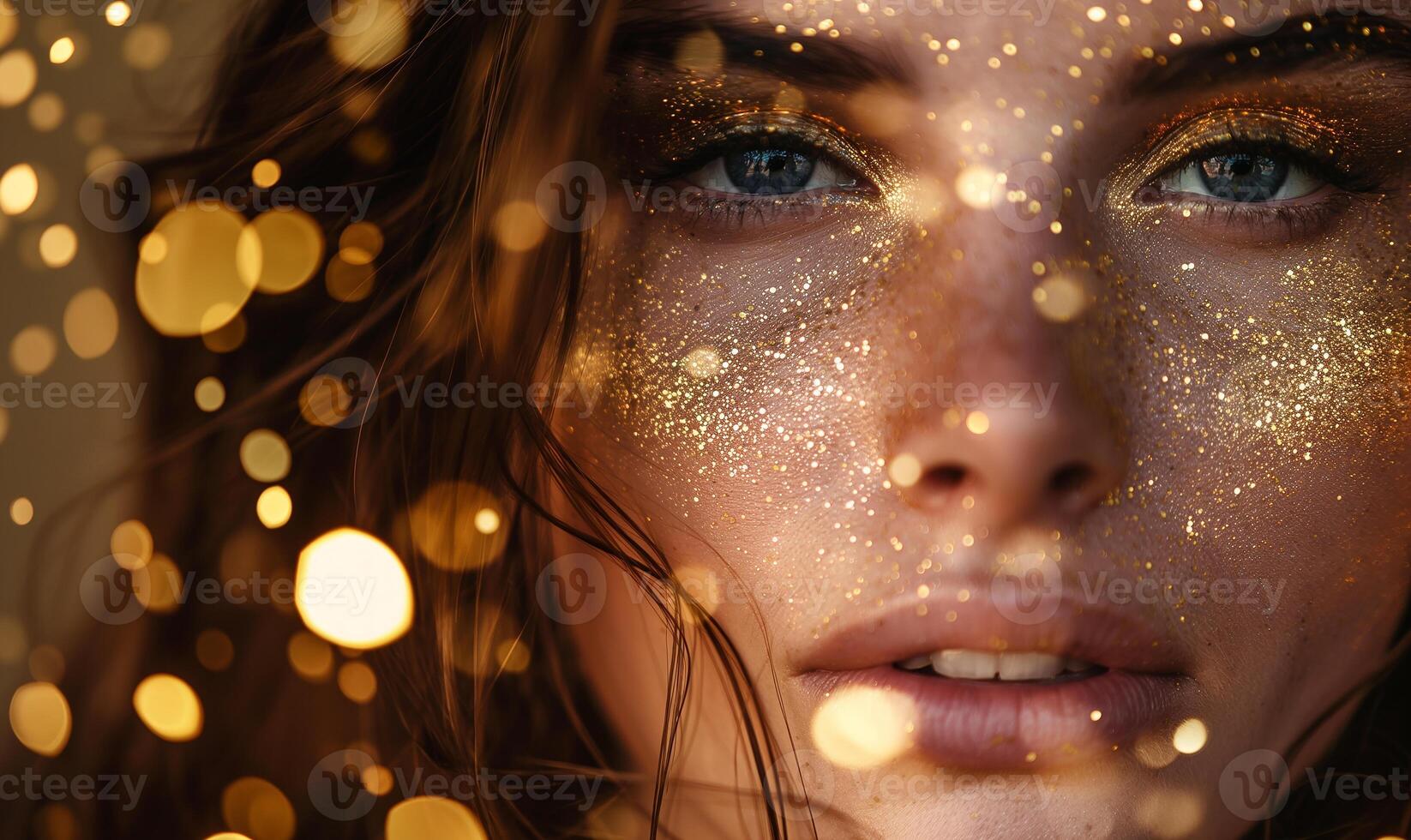 Luxury golden face of model, A Beautiful woman with sexy face make up., skincare and wellness. Close up, white background. Close up model face staring. Sexy model posing close up. photo