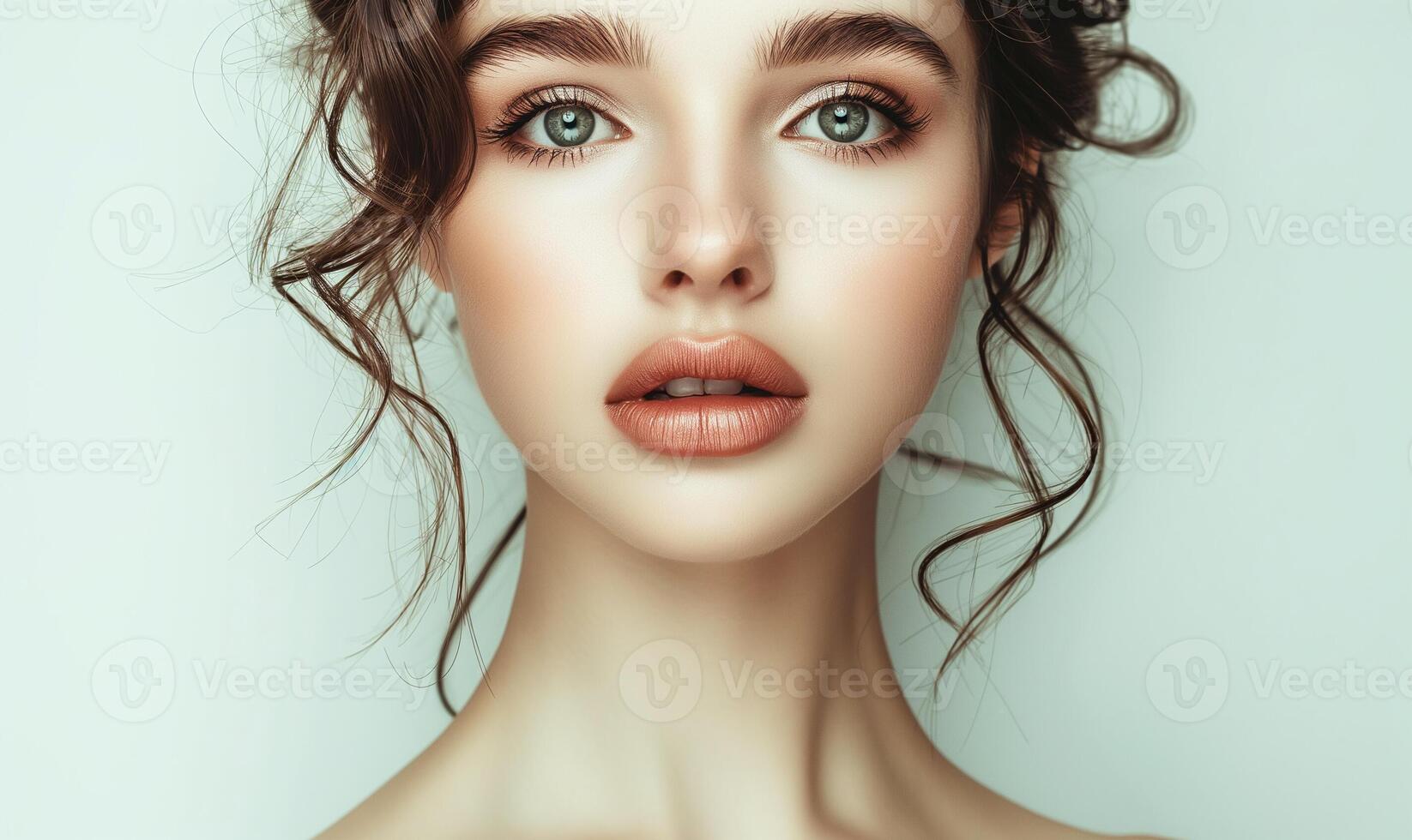Beautiful young sweet lady face on white. smooth and clean perfect skin. Portrait of beauty model with natural face make up., skincare and wellness. Close up, white background, copyspace photo