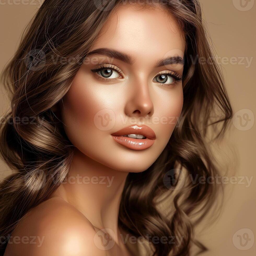 A Beauty model with natural face make up., skincare and wellness. Close up, white background. Close up model face staring. Sexy model posing close up, lokking at camera photo