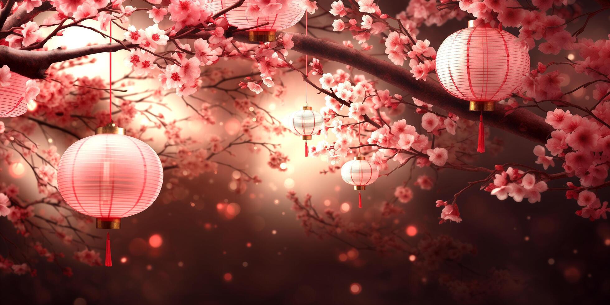 A Chinese lanterns and pink flowers on the tree festival during Chinese new year festival, Selective Focus on transparency background photo