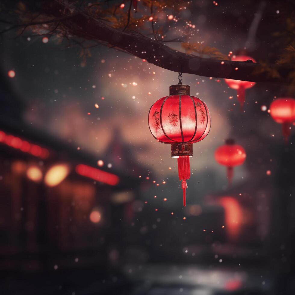 Chinese Lanterns hanging on the ropes around a street at night, wallpaper, postcards photo