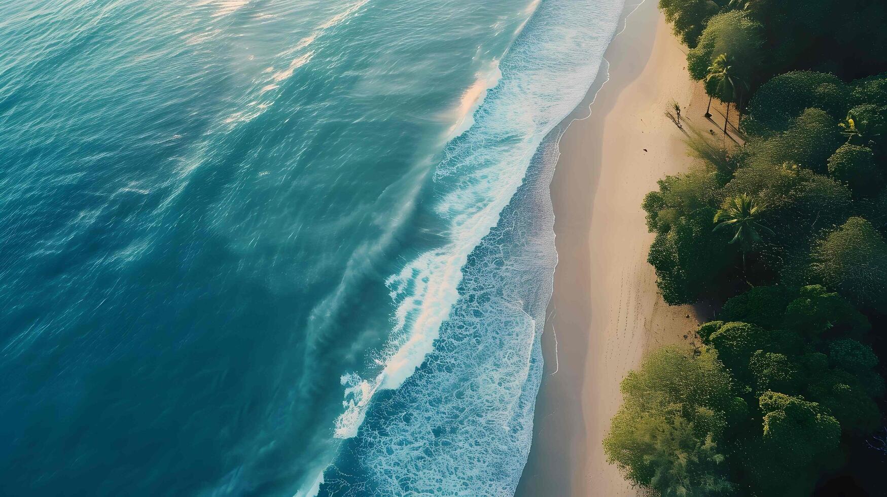 Amazing aerial view of emerald green sea, small white sand beach with green forest peaceful and white foamy waves crashing on the shore on a sunny day. photo