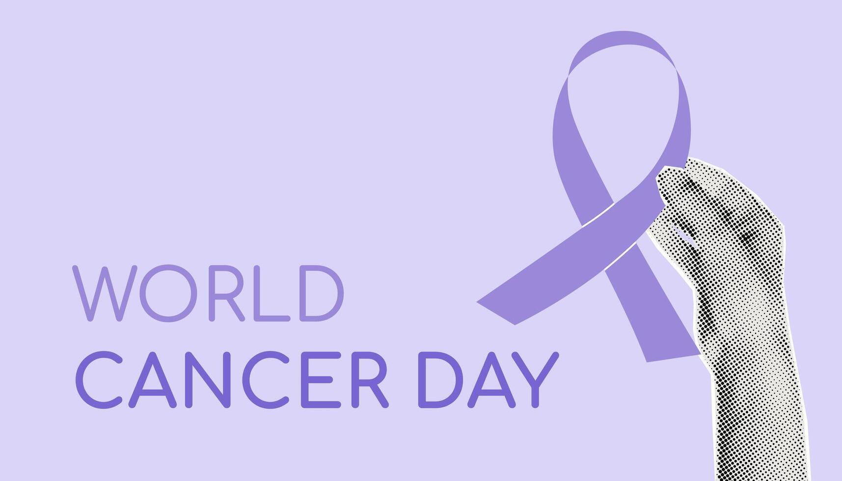 World Cancer day banner template with halftone hand holding purple ribbon. Minimalist background with collage element for mixed media design. Modern retro illustration with copy space vector