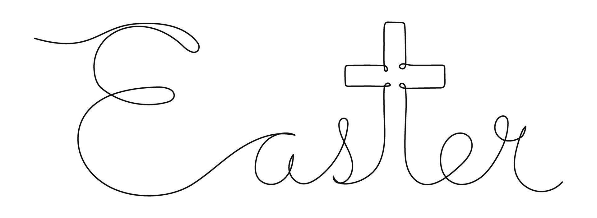 Easter one continuous line lettering with Christian cross instead letter t. Faith, religion concept. Hand drawn illustration with editable stroke isolated on transparent background vector