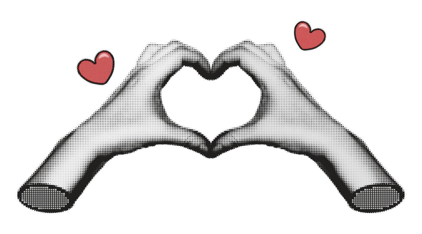 Hands making heart gesture pixel art. Halftone female hands making love sign dotted collage elements. Trendy modern retro 90s style illustration isolated on transparent background vector