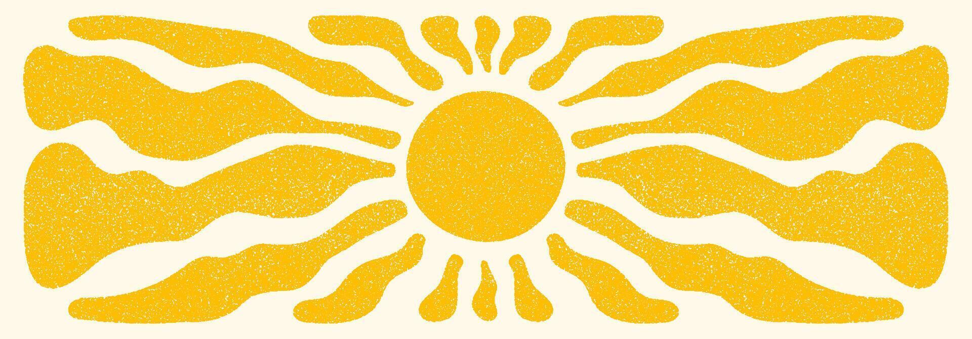 Sun groovy retro horizontal background. Sun burst hippie banner with vintage grainy texture, hand drawn abstract wavy pattern in 60s, 70s. Modern Matisse style summer illustration vector