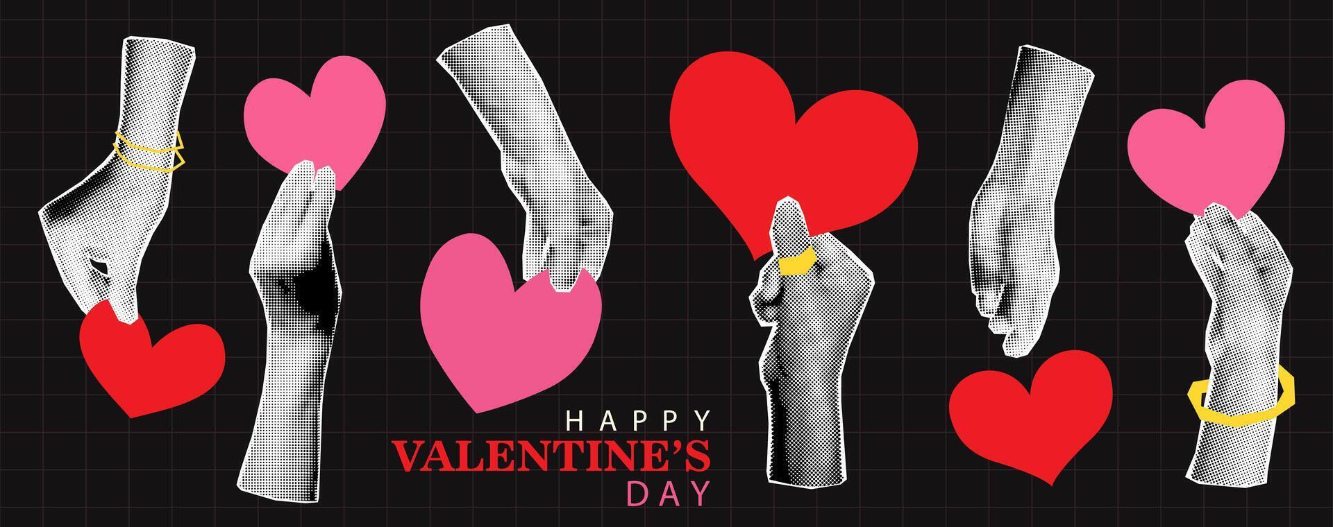 Halftone hands holding red and pink hearts collage elements for Valentines day design. Cutout magazine shapes and doodles. Modern retro illustration vector