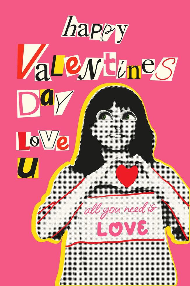 Happy Valentines day art collage banner. Greeting card with halftone woman with big eye making heart gesture and cut out text. Modern retro illustration vector