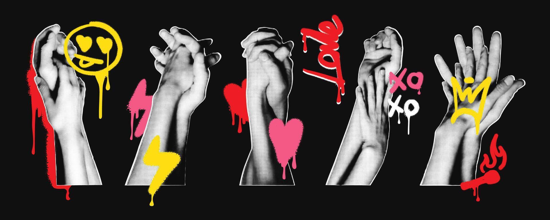 Hands of lovers holding together halftone elements for collage with graffiti set. Love, passion, romance, intimate bonding moment. Trendy modern retro illustration for Valentine's day design vector