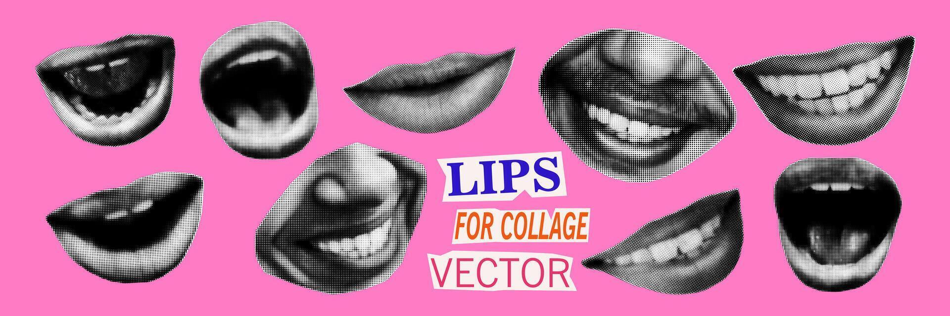Halftone human lips and mouths for collage mixed media design. Cut out from magazine shapes, modern retro grunge dotted stickers. Pop art illustration isolated on pink background vector