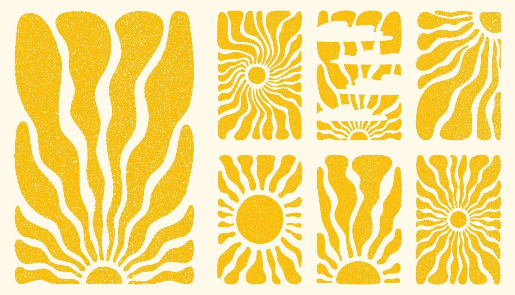 Sun groovy vertical backgrounds set. Various sun burst hippie posters with vintage noise texture, hand drawn abstract wavy patterns in 60s, 70s. Modern retro Matisse style illustration vector
