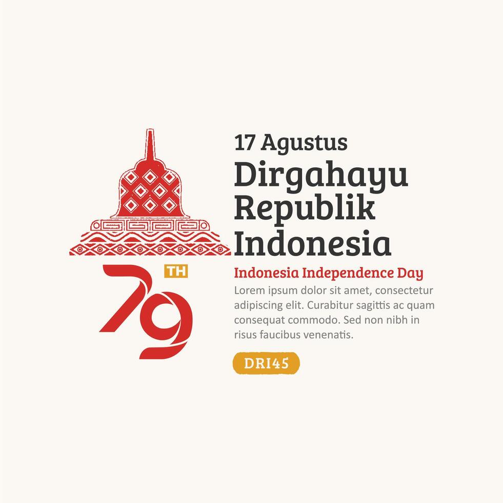 Indonesia Independence Day Social Media Post, Hand-Drawn Borobudur Temple with Trendy Stamp, 17 Agustus Celebration vector