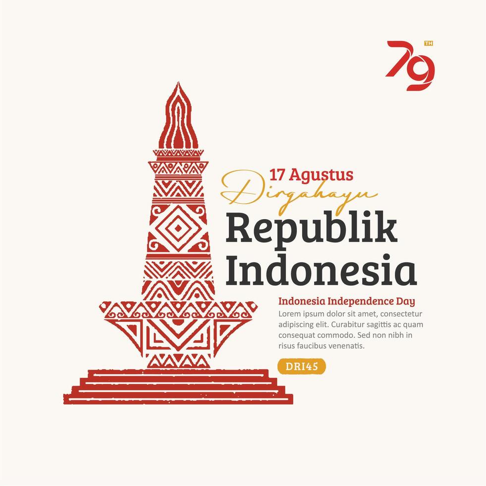 Indonesia Independence Day Social Media Post, Hand-Drawn national monument with Trendy Stamp, 17 Agustus Celebration vector