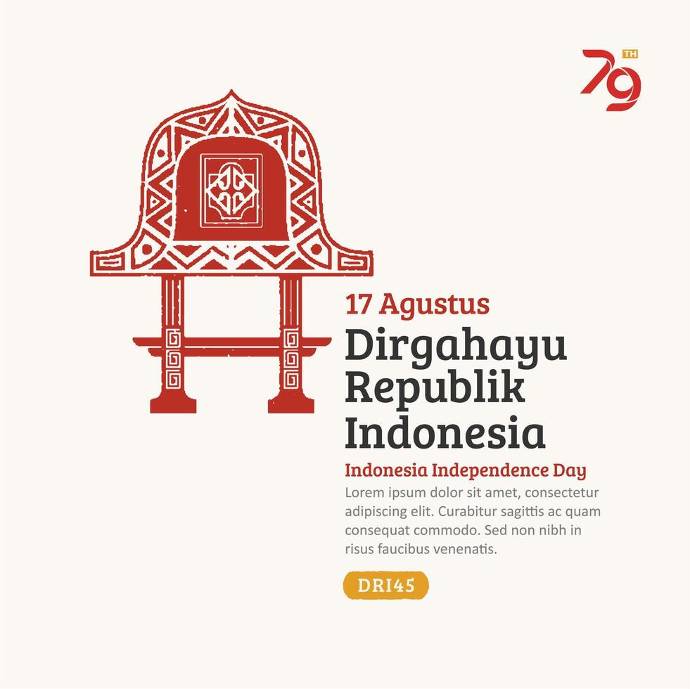 Indonesia Independence Day Social Media Post, Hand-Drawn Lombok traditional house with Trendy Stamp, 17 Agustus Celebration vector