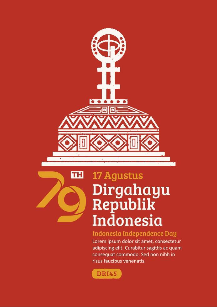 Indonesia Independence Day Poster. Hand-Drawn Equator monument with Trendy Stamp. 17 Agustus Celebration vector
