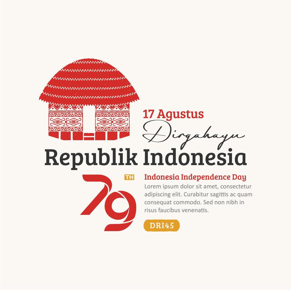 Indonesia Independence Day Social Media Post, Hand-Drawn Honai traditional house with Trendy Stamp, 17 Agustus Celebration vector