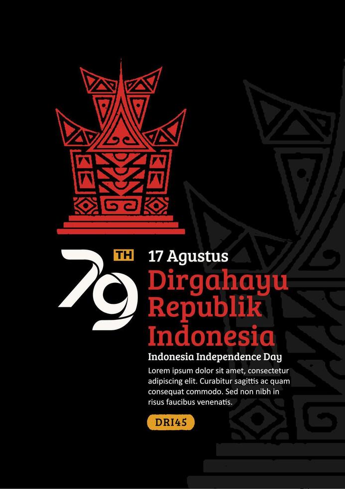 Indonesia Independence Day Poster. Hand-Drawn Gadang traditional house with Trendy Stamp. 17 Agustus Celebration vector