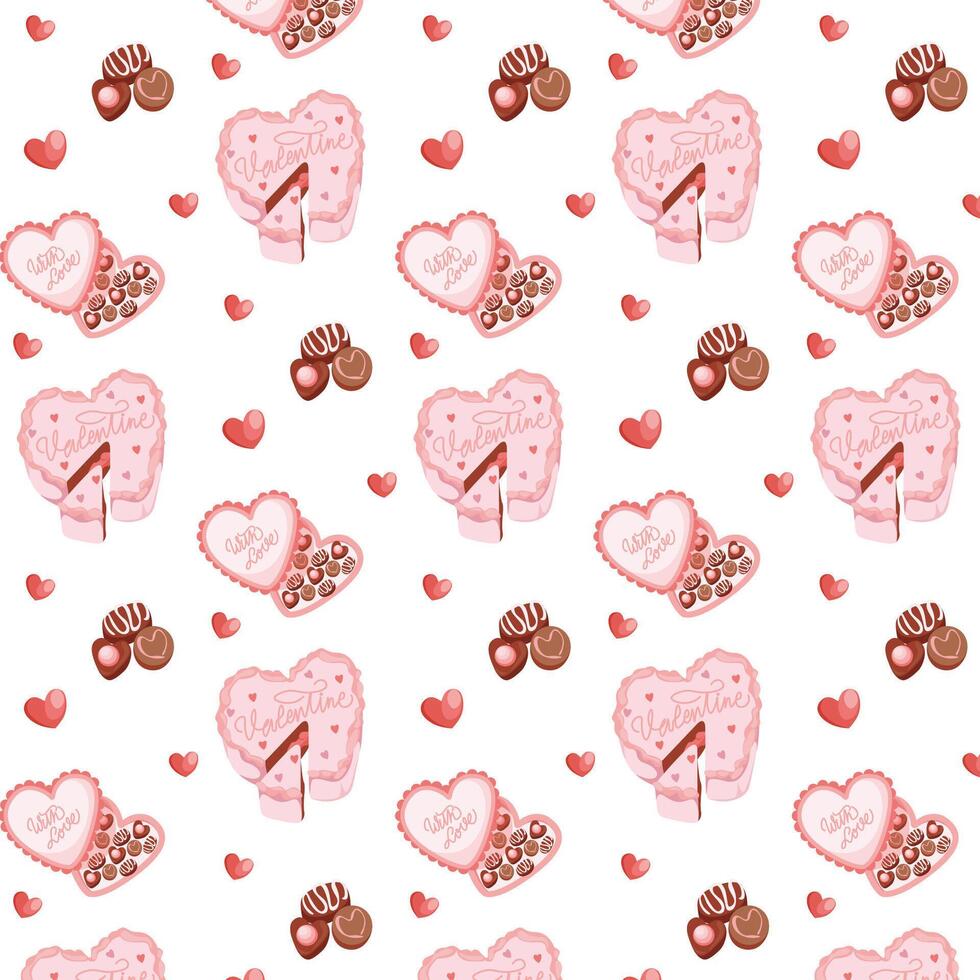 Valentines day background pattern with sweets, cake, chocolate candies and hearts. Valentines day packaging idea, for print and flyers, holiday design. Seamless abstract texture. illustration vector