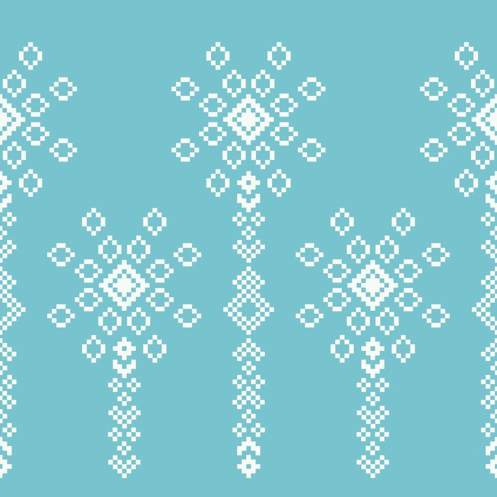 Traditional ethnic motifs ikat geometric fabric pattern cross stitch.Embroidery Ethnic oriental Pixel pastel cute blue background. Abstract,illustration. Texture,decoration,wallpaper. vector