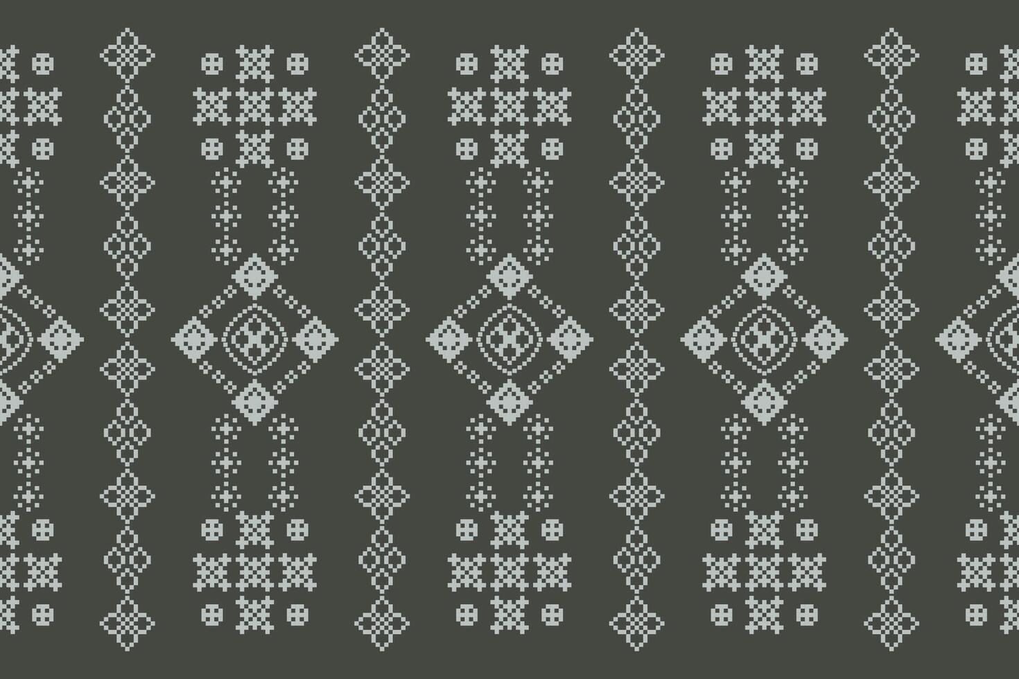 Traditional black ethnic motifs ikat geometric fabric pattern cross stitch.Ikat embroidery Ethnic oriental Pixel gray background.Abstract,,illustration. Texture,decoration,wallpaper. vector