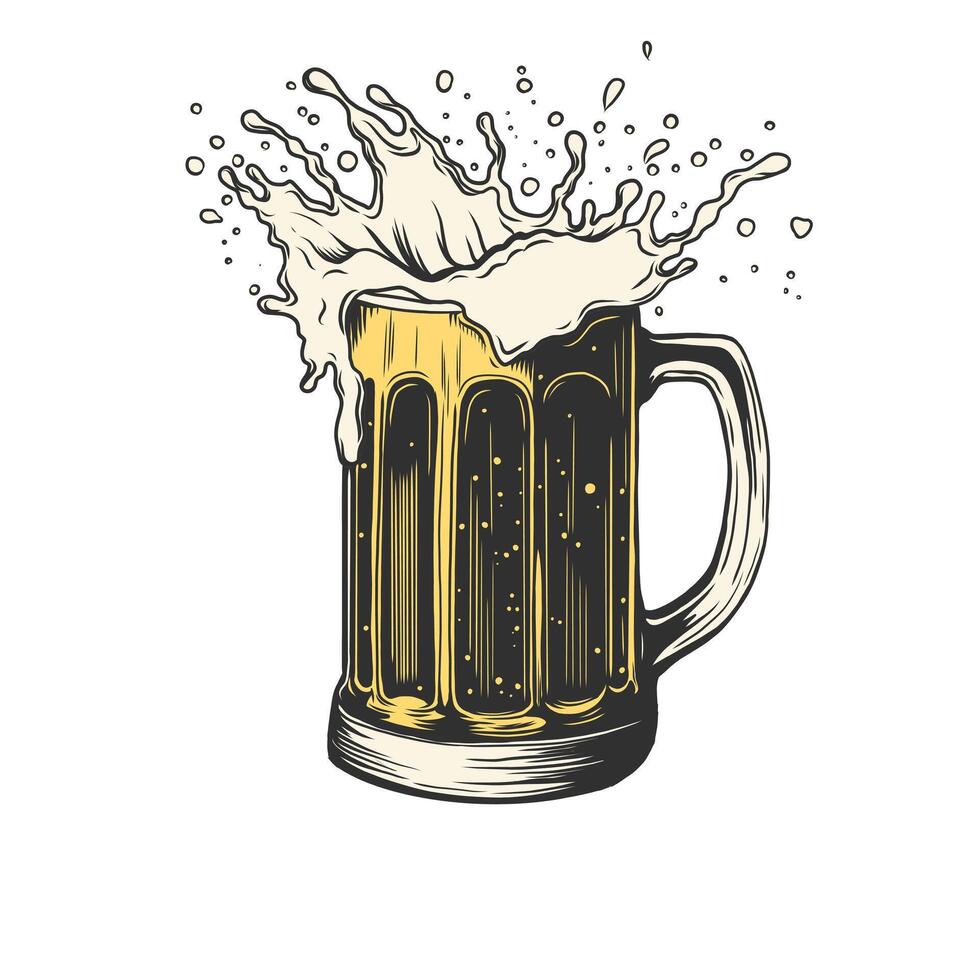 Hand drawn mug of beer with splash of foam. illustration isolated on white background for menu and packaging design for pubs, restaurants, craft brewing. vector