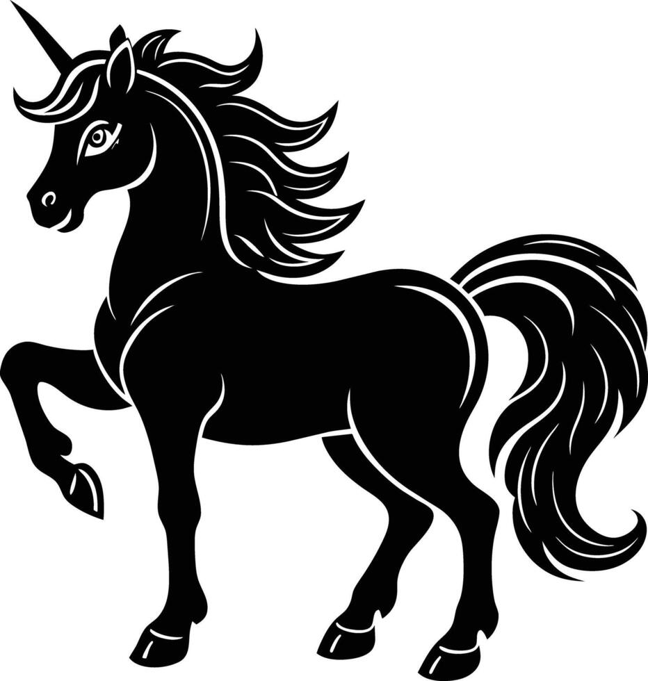 A black and white illustration of a unicorn vector
